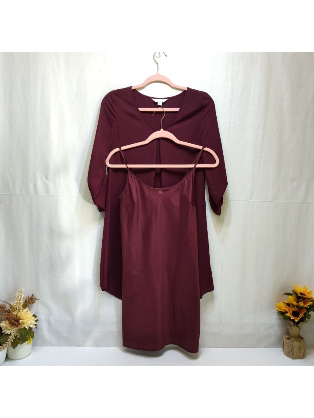 Decree Burgundy Roll Tab Sleeve Tunic Dress w/ Slip Small Casual Or Semi-Formal